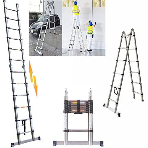 Scala Telescopica Pieghevole in Alluminio de 3,8m, Scaletta Pieghevole con Barra Stabilizzatrice, 1,9m+1,9m Multiuso Allungabile Scaletta, Scala Antiscivolo, 6+6 Gradini, Carico Massimo 150KG