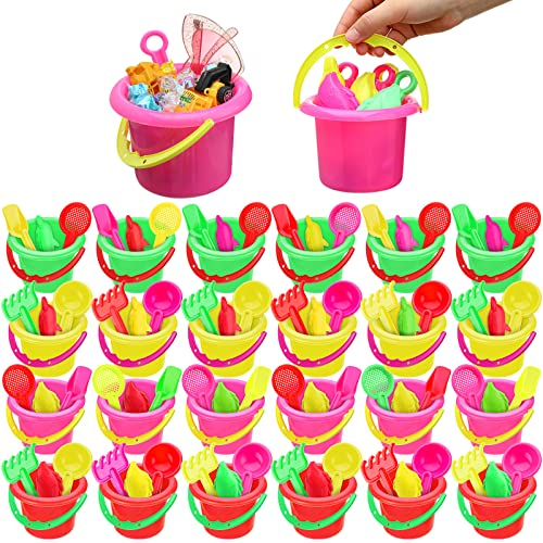 Jexine 96 Pcs Beach Party Favors for Kids, 24 Set Sand Buckets and Shovels