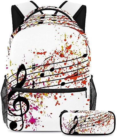 VAPOKF School Bag Set for Teen Girls Boys Kids, Student Bookbag Backpack Rucksack with Pencil Case for Primary Secondary Junior High School - Music Notes with Paint Splashes