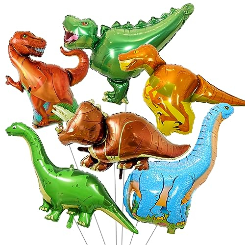 Dinosaur Foil Balloons Set (35-50 In), 6 Pieces Large Dinosaur Mylar Helium Balloons for Kids, Giant Cute Dino Birthday Party Decorations Kit for Boys Jungle Safari Theme Baby Shower Decor Supplies