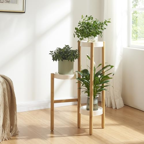 [en.casa] Pflanzenständer Sastamala Blumenregal Blumenständer Bambus mit 3 Ablagen rund Weiß Blumentreppe Pflanzenregal 78 x 52 x 25 cm