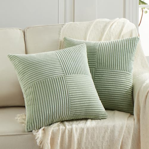 FDTERN Set med 2 boho kuddfodral för soffa, 40 x 40 cm, manchestersammet, modernt mjukt korsmönster, dekorativa kuddfodral för soffa, sovrum, ljusgrön
