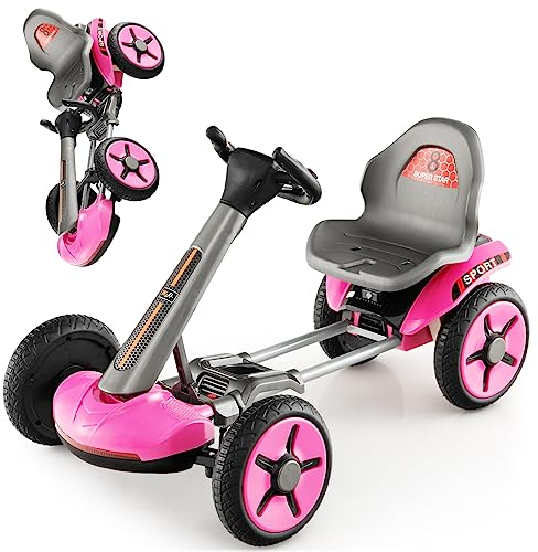 DREAMADE 12V Elektroauto Gokart mit LED-Licht & EIN-Tasten-Start-Funktion, Kinder Elektro Kart mit verstellbarem Sitz und Lenkrad, Pedal Go Cart für Kinder 2-5 Jahre alt (Rosa)