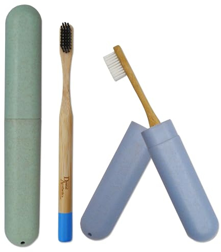 2 Wheatstraw Toothbrush Cases & 2 Bamboo Toothbrushes ~ Bulk Pack Medium Bristles (Green & Blue)