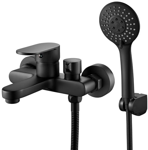 Hermodly Rubinetto per Vasca da Bagno con Doccetta, Nero Opaco, Montaggio a Parete, 3 Funzioni, Miscelatore Monocomando, Soffione Doccia, Kit di Accessori per Vasca da Bagno con Doccia