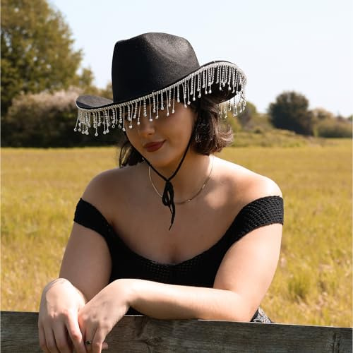 LOVETRENDS Fashion Black Diamanté Cowboy Hats - Black Cowboy Hat with Silver Rhinestone Fringe - Adults Fashion Music Festival Fancy Dress Accessory