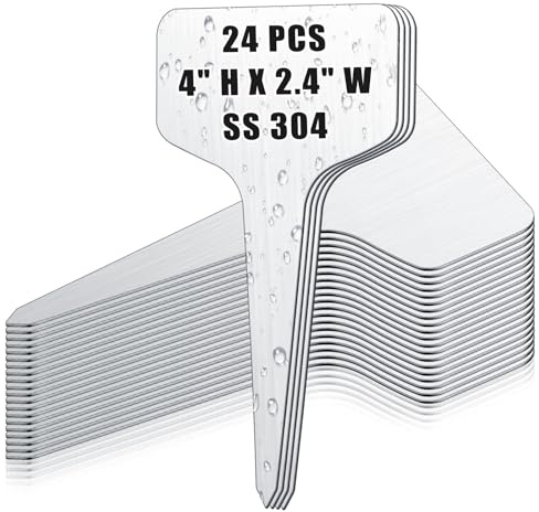 Hicarer 24 Pcs Metal Plant Labels Weatherproof Garden Markers 4 x 2.4 Engraving Stainless Steel 304 T-Type Plant Tags Reusable Nursery Tags for Outdoor Garden Greenhouse Vegetables Herb Flower Seed