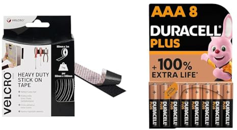 VELCRO Brand Heavy Duty Stick On Tape Cut-to-Length Industrial Extra Strong Double Sided Hook & Loop & Duracell Plus AAA Batteries (8 Pack) - Alkaline 1.5V - Up to 100% Extra Life