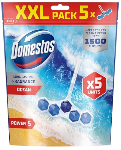 Domestos Power 5 Ocean Toilet Rim Blocks, Toilet Freshener with Long-Lasting Fragrance, Clean and Freshen for Up to 300 Flushes, 5X 50 g