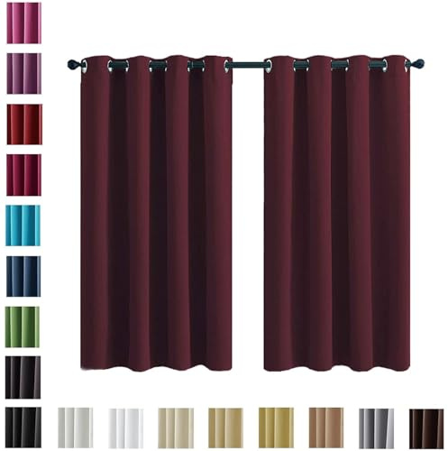 WUXXIANG Vorhang 100% Blickdicht Kurz Ösen Gardienen 70 x 140 cm Knitterfrei Pflegeleicht, Vorhang Blickdicht Verdunklungsvorhänge, mit Raffhalter für Wohnzimmer Kinderzimmer, Weinrot