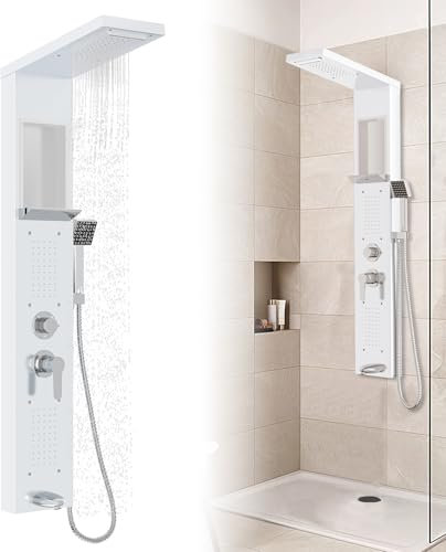 Froadp Kit Doccia a Pioggia in Acciaio Inox, 5 Funzioni, Montaggio a Parete, Set Doccia Completo (Bianco)