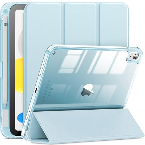 INFILAND Hülle für iPad (A16) 11 Zoll/iPad 11. & 10. Generation (2025/2022), Stoßfeste Smart Folio Schutzhülle mit Stifthalter, Transparente Rückseite, Auto Schlaf/Wach, Hellblau | 2025/2022 Schlanke, dreifach faltbare Schutzhülle mit Apple Pencil Halter und Ladeadapter (Babyblau)