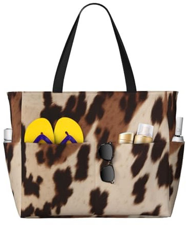 KCGSDEGV Strandtasche für Damen, mit Kuhfell-Aufdruck, wasserdichte Handtaschen, Schultertaschen mit Reißverschluss und Tasche für Reisen, Schule, Arbeit, Einkaufen, Schwarz , Einheitsgröße