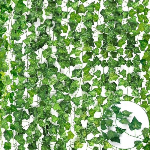 Artificial Ivy Garland, 12Pcs 84Ft Artificial Ivy Garland, Green Leaves Fake Plants for Wedding, Party, Garden, Office, Wall Room Decor, Indoor & Outdoor, Plastic Fake Plants Hanging Vines