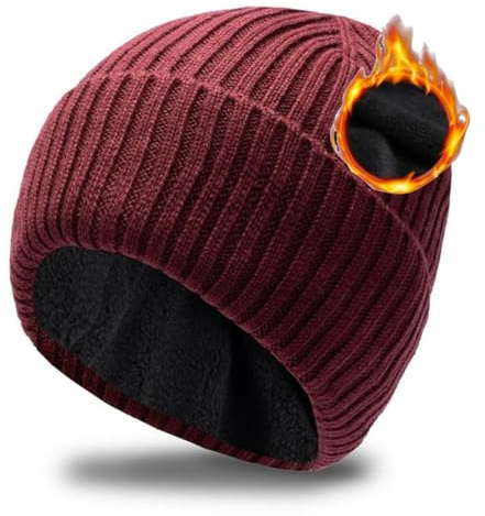 Pyrafox Merinowolle Mütze Herren Wintermütze Merino Wolle Beanie Damen Winter Cap Haube Men Wollmuetze Strickmuetze Muetze, Rot Großer Kopf XL XXL