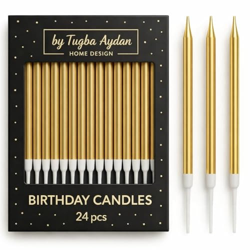 Gold Birthday Candles - 24 Pack | Metallic Long Thin Candles for Cakes & Cupcakes | Elegant Cake Decoration for Adults, Kids, Men & Women | by Tugba Aydan Home Design
