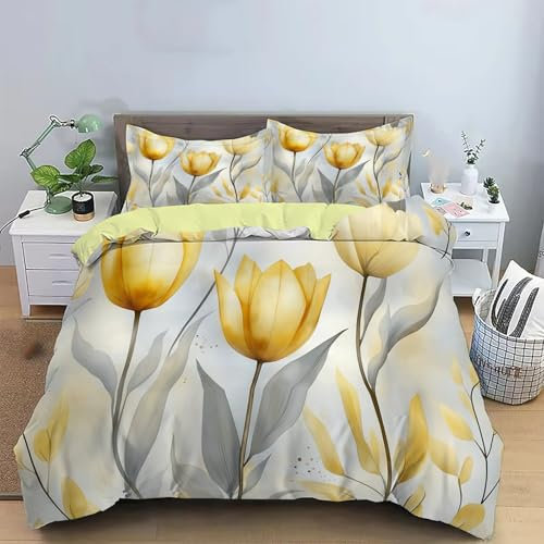 JSCWDET Bettwäsche 155x220cm 3teilig gelbe Tulpen Wendebettwäsche Blütenblätter Bettwaren-Set Komfortabler Weiche Bettbezug mit Reißverschluss und 2Kissenbezug 80x80cm