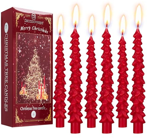 Deco Express Kerzen Set Weihnachten Deko 3er oder 6er Pack Wachs Deko Kerzen im Weihnachtsbaum Motiv 7h Brenndauer Ideal Zum Verschenken (Rot, 6 Stück)