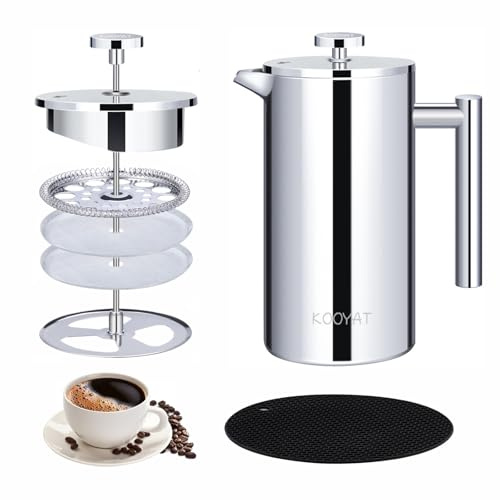 KOOYAT Cafetiere 2 Cups,350ml French Press Coffee Maker,Double Wall,Silver | Stainless Steel Insulated Coffee Press,Heat Resistant Mat,Large Capacity French Press,4 Layer Filter,Gift,Home,Office,Travel