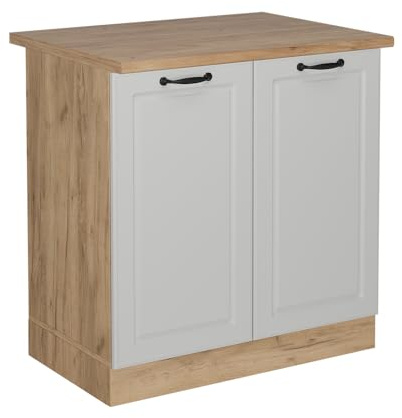Vicco Spülenunterschrank R-Line, Weiß Landhaus, 80 cm | MDF-Front · AP Eiche inkl. · Höhenverstellbare Füße · Metallgriffe · ✓ Frei kombinierbar