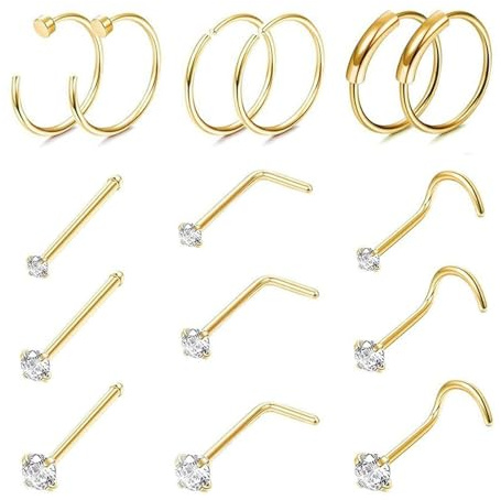 Uwiyo 15 Pièces Piercing Nez Anneaux, 20G Acier Inoxydable Piercing Nez Argent/Or CZ Droite L et Vis Forme Percing au Nez Anneau de Nez Bijoux de Piercing pour Femmes Hommes