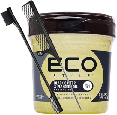 Eco Style Gel coiffant noir à l'huile de ricin et de lin 236,8 g avec peigne pour queue et brosse à bords – Tenue et brillance maximales | Gel capillaire fortifiant et hydratant pour tous les types de
