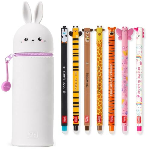 LEGAMI Set mit 7 radierbaren Gelstiften + 2-in-1-Federmäppchen – mit thermosensibler Löschtinte, Tintenfarben und Schaftdesigns, 0,7 mm Spitze, Set 2 (Hasen)