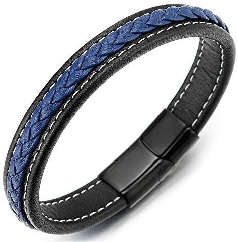 COOLSTEELANDBEYOND Blau Schwarz Geflochtenes Lederarmband Armband Echtes Leder Armreif mit Weiß Stiche Schwarz Edelstahl Magnetverschluss