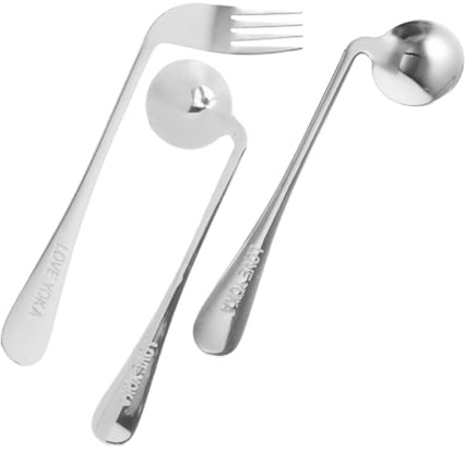 GRIRIW Juego de Cubiertos para Zurdos 3 Piezas, Cuchara Angular de Acero Inoxidable y Tenedor Ergonómico, Utensilios Prácticos para Alimentación Asistida, Apto para Personas Mayores