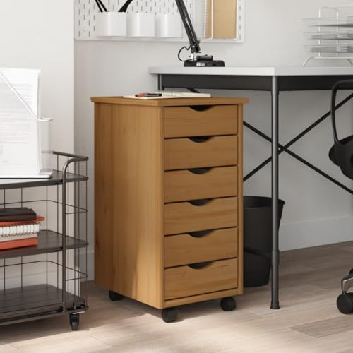 Fasba Rollcontainer, Aktenschrank mit Stauraum, Rollschrank für Büro Arbeitszimmer, Bürocontainer Büroschrank, mit Schubladen Moss Honigbraun Massivholz Kiefer 34 x 39 x 65,5 cm
