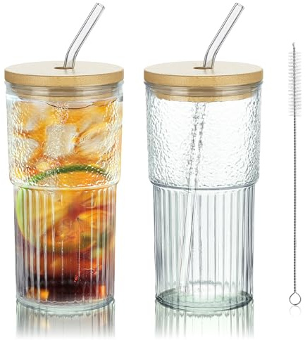 Joeyan 720ml Vaso Cristal con Pajita con Tapa de bambú,Set de 2 Grand Vasos de Agua Transparentes,Tazas de Vidrio para Bubble Tea,Matcha,Café,Latte,Batidos,Regalo Viaje,Oficina,Hogar,Apto Lavavajillas