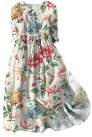 Blumenkleid Damen Frauen Hemdkleid Blumen Drucken Vintage Kleid Hohe Taille Große Größen Casual Sommerkleid Loose Midikleid Kurzarm Freizeitkleid Swing Blusenkleid Frauen Strand Tunika Kleid