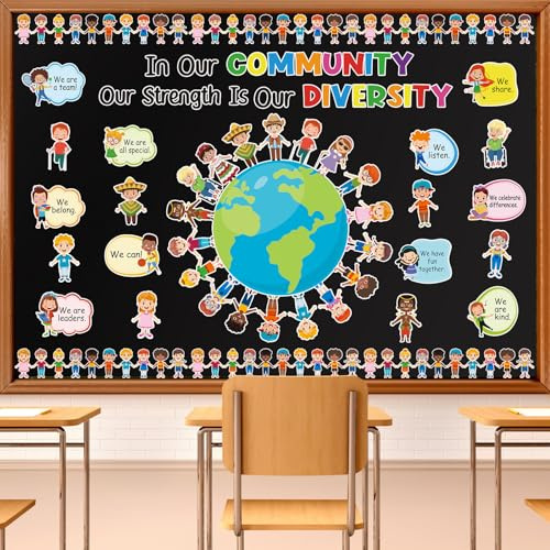 HIQINLUG Diversity Strength Bulletin Board Decorations Set - Diversity Classroom Decor, Multicultural Bulletin Board, Earth Day Classroom Decor, Paper Cutouts, Wall Art