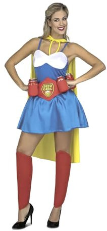 My Other Me Beer Woman-Kostüm für Damen, Größe M-L. Inklusive blauem Kleid mit weißen Trägern, gelbem Umhang, rotem Gürtel mit Beer Girl-Schriftzug und Taschen für Dosen und passende Gamaschen.
