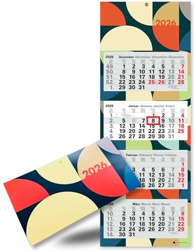 4-Monatskalender 2026 Wandkalender mit Schieber im Großformat 87,5 x 32 cm Bunte Pop Edition Retro - Rückwand faltbar, Büro Kalender 2026 vier Monate