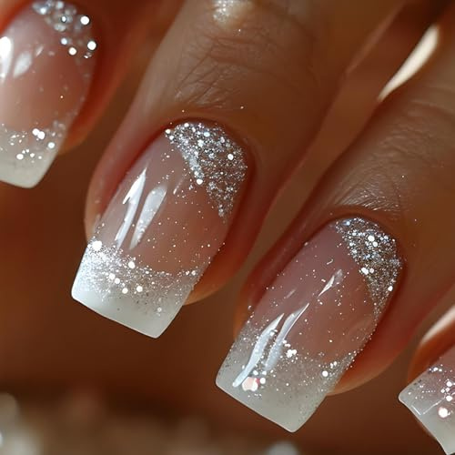 Viugex 24 Stück Press on Nails Mittel Eckig, French Kunstnägel Silberner Glitzer Falsche Nägel, Glänzende Acrylnägel Fingernägel zum Aufkleben Full Cover Wiederverwendbar Künstliche Nägel für Frauen