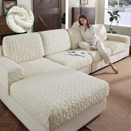 OHSIO Sofa Überzug – Elastischer & Waschbarer Sofabezug, Weicher Langlebiger Couchbezug für Sitzkissen & Wohnzimmermöbel(Elfenbein, 1x Chaiselongue-Bezug)
