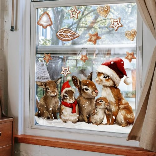 WandSticker4U®- Fensterbilder Weihnachten selbstklebend WALDTIERE (51x43 cm) I Niedliche Weihnachtsdeko Fenster Tiere Fuchs Reh Hase I Fensterdeko Weihnachten Kinder wiederverwendbar