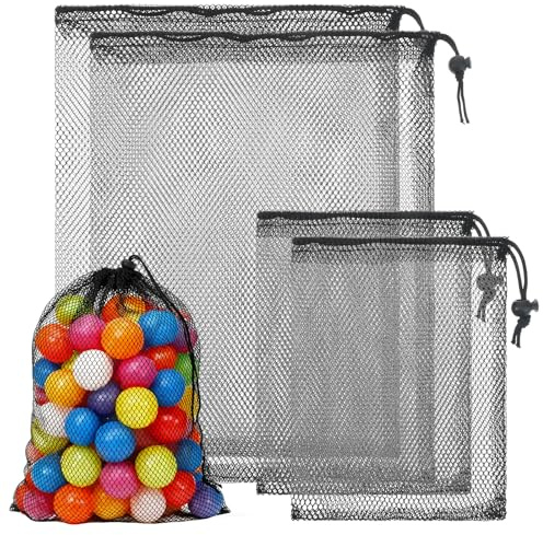 Tweruna 4 PCS Mesh Drawstring Bag, Black Nylon Golf Ball Storage Mesh Bags, Multipurpose Storage Bags for Collecting Half Balls, Tennis, Toys, Beach, Sports Gym, Travel