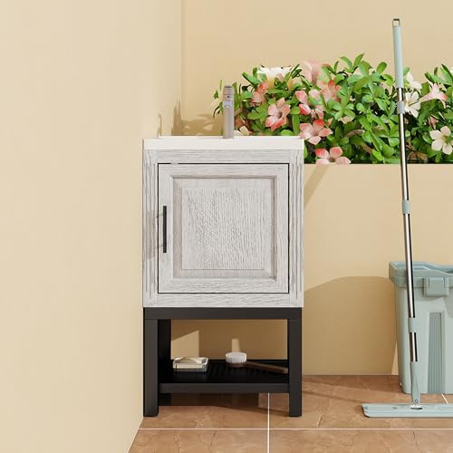 20 Small Bathroom Vanity with Sink & Hot and Cold Faucet, Freestanding Bathroom Cabinet with White Ceramic Basin, Bathroom Storage Organizer with 1 Doors and Open Iron Shelf, White