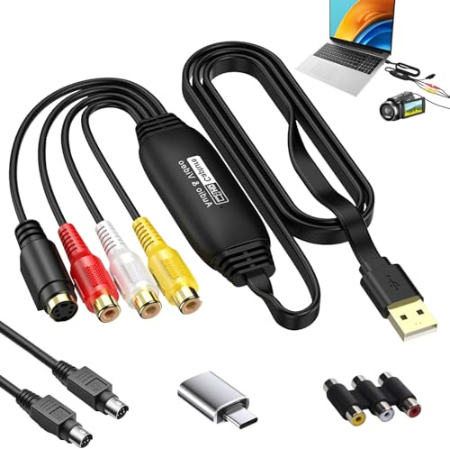 Mlifleue 1080P USB 2.0 Video Capture Card with RCA & S-Video Input, VHS to Digital Converter Kit, RCA AV Composite to USB Adapter to Convert VHS VCR Tapes DVD to Digital on Windows Mac OS