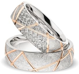 Kolibri Rings Eheringe Set Rot Vergoldet 925 Silber Eismatt Gitternetz mit 26 Zirkonia Steine in Verschnittfassung | Made in Germany | Partnerringe Paarpreis mit Gravur Etui