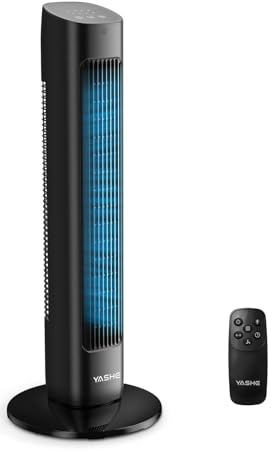 YASHE Ventilador de Torre 80 cm con Mando a Distancia, Ventilador Silencioso de 28 dB, 3 Velocidades y 2 Modos, Oscilación de 85°, Temporizador de 15 Horas, Ventilador para Dormitorio, Oficina y Hogar