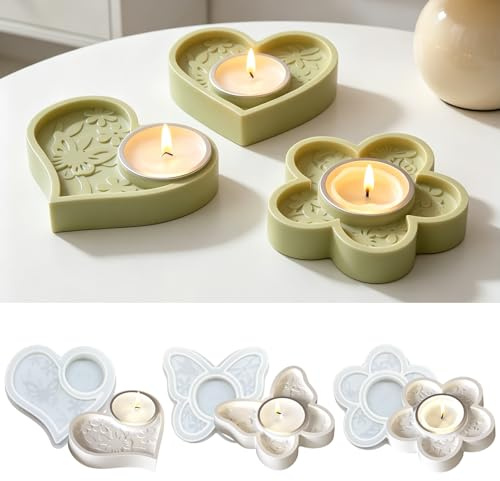 TZEKING 3 Stück Silikonform Kerzenhalter,Silikonformen Gießformen Kerzenhalter,Blumen, Herz, Schmetterling Kerzenform Giessform,DIY Gießformen Silikon,Kerzen Formen für Bastelarbeiten