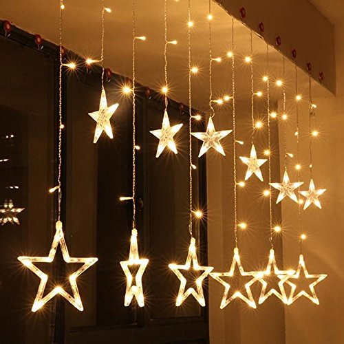 KINGCOO 138 LED Vorhang Lichterkette, 2m 12 Sterne Batteriebetriebene Fenster Vorhang Fee Lichterketten Dekoleuchte für Festival Weihnachten/Hochzeit/Party/Garten Dekorationen (Warmweiß)