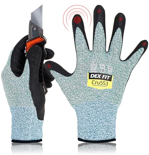 DEX FIT Level 5 Cut Resistant Gloves Cru553, 3D Comfort Stretch Fit, Power Grip, Durable Foam Nitrile, Smart Touch, Machine Washable, Thin & Lightweight, Green 9 (L) 1 Pair