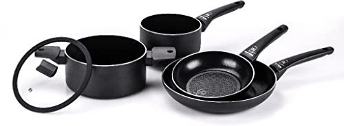 Moneta Recy Batteria 5 pezzi: padella 20cm, padella 28cm, casseruola 16cm, casseruola 20cm e coperchio vetro bordo silicone 20cm. Corpo alluminio 100% riciclato. Anche per induzione.