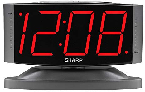 Sharp Home LED Digital Alarm Clock – Swivel Base - Outlet Powered, Simple Operation, Alarm, Snooze, Brightness Dimmer, Big Red Digit Display, Gun Metal Grey Case