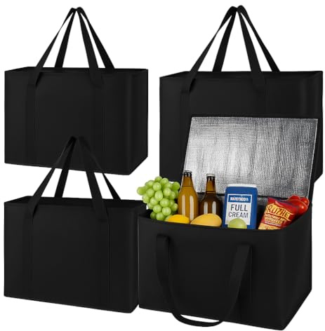 musbus insulated trunk organizer car cooler bag 4-Pack Food Insulated Grocery shopping bags, Black, reusable,zipper,foldable,tote,cold,for adult,for foodland,