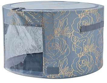 Periea 'Abby' Round Home Storage Boxes with Zip Lids, Front Window & Folding Steel Frame (Metallic Floral, Large)